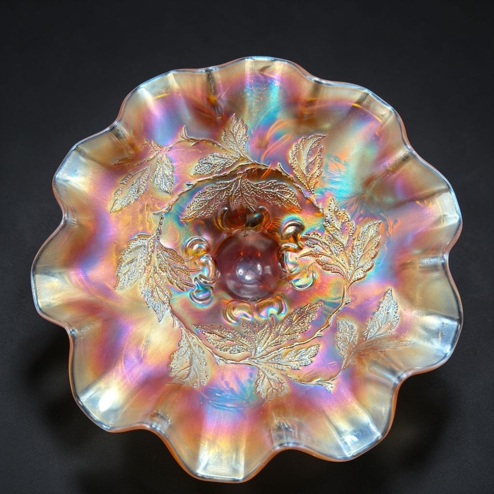 Vintage Dugan Marigold Carnival Glass Footed Bowl Ruffled Cherry Leaf Pattern 8"